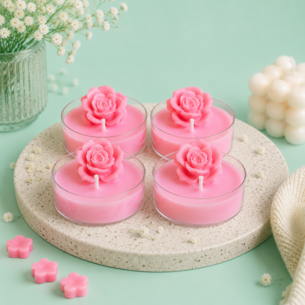 Rose Scented Tealight Candles – Handmade Pink Rose Candles for Romance & Relaxation | Aromatherapy Floral Soy Wax Candles