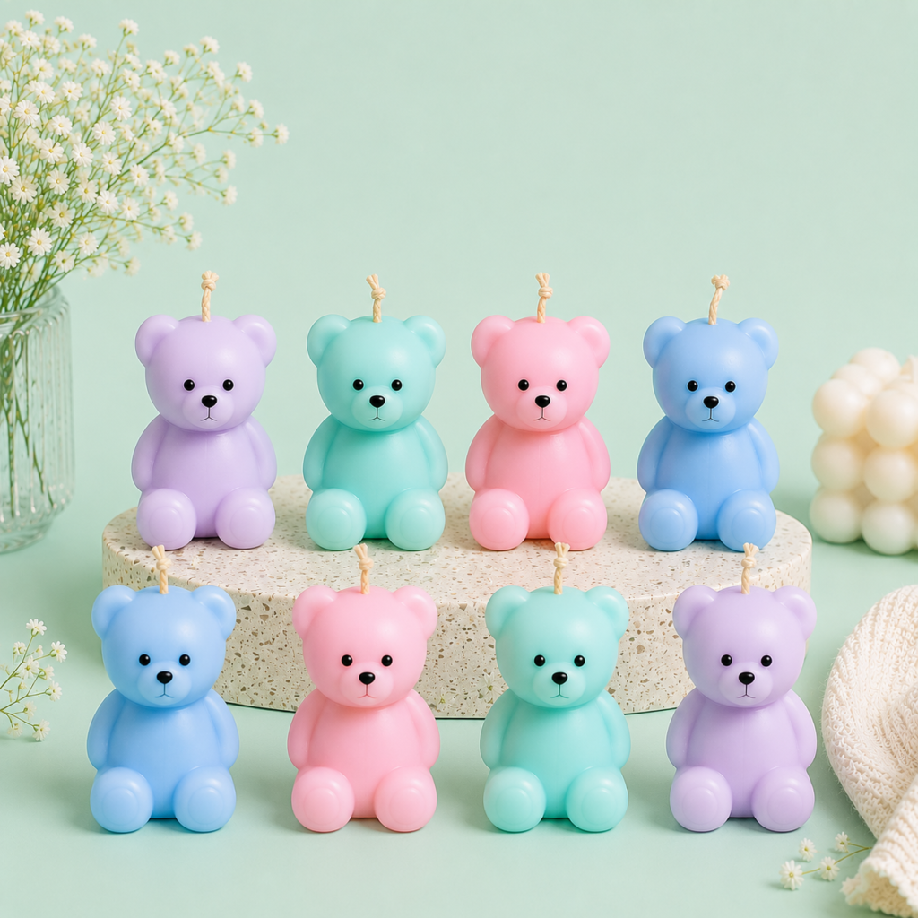 Pastel teddy bear soy wax candles in pink, blue, lilac and mint